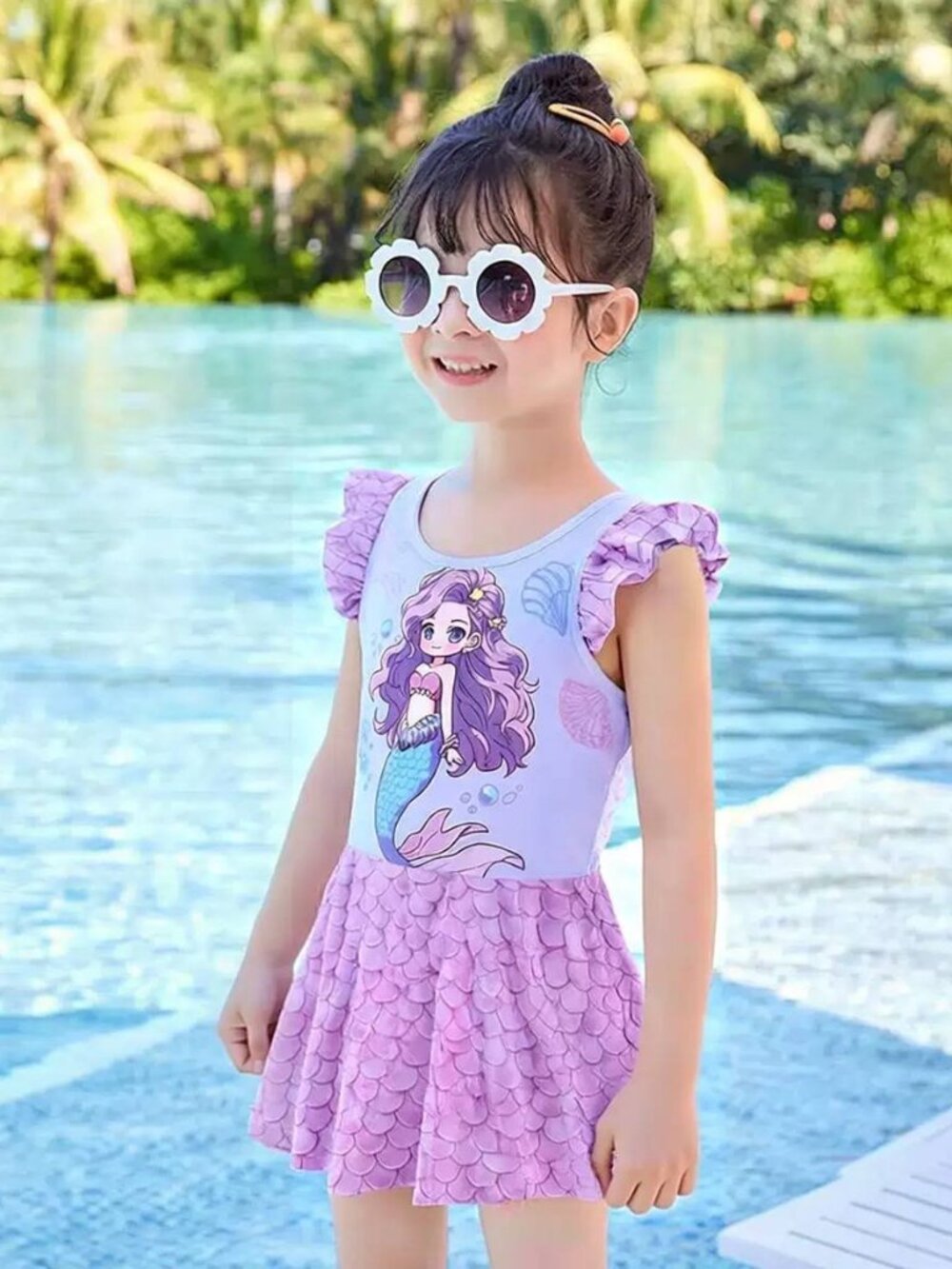 Girls Mermaid One-Piece Swimsuit with Skirt – Cute Cartoon Princess Swimwear for